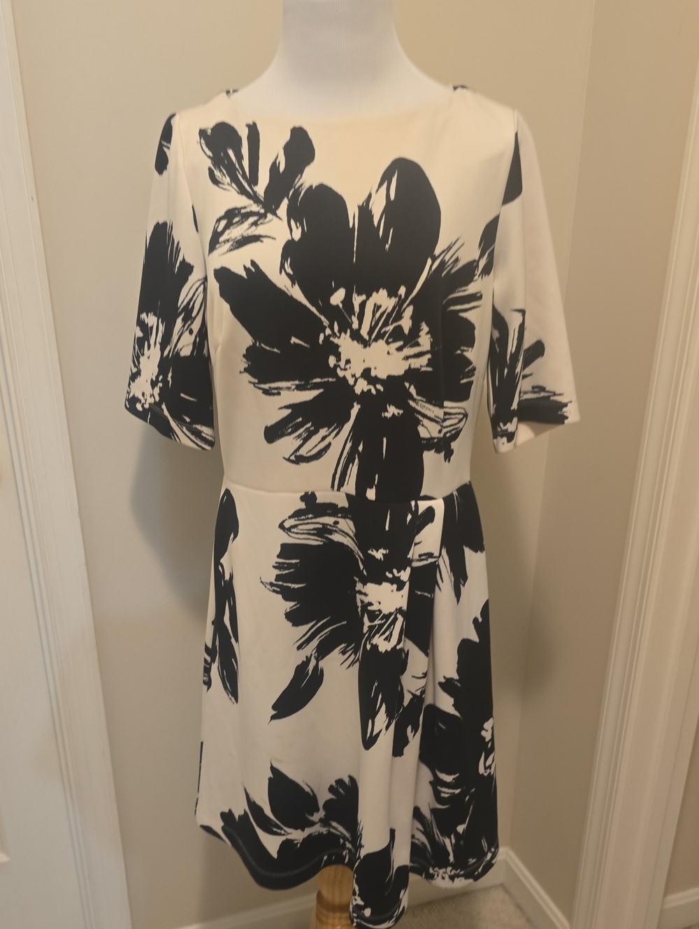 Taylor Black and White Floral Fit-and-Flare Dress